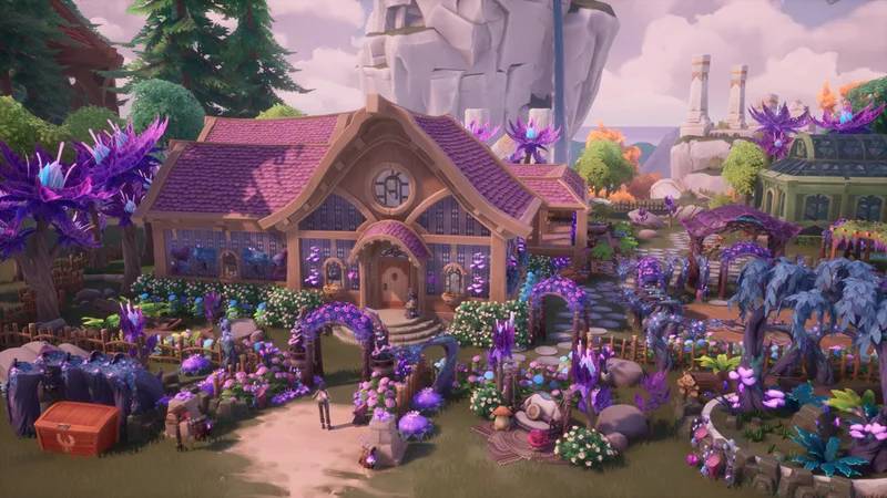A decorated Palia home and garden with purple trees, from the official game website