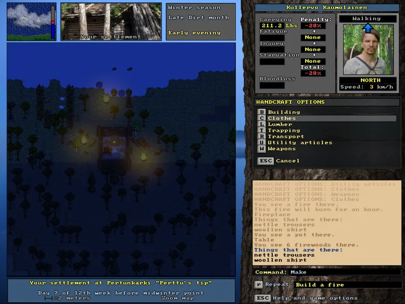 An older UnReal World screenshot showing a snowy wilderness and survival interface