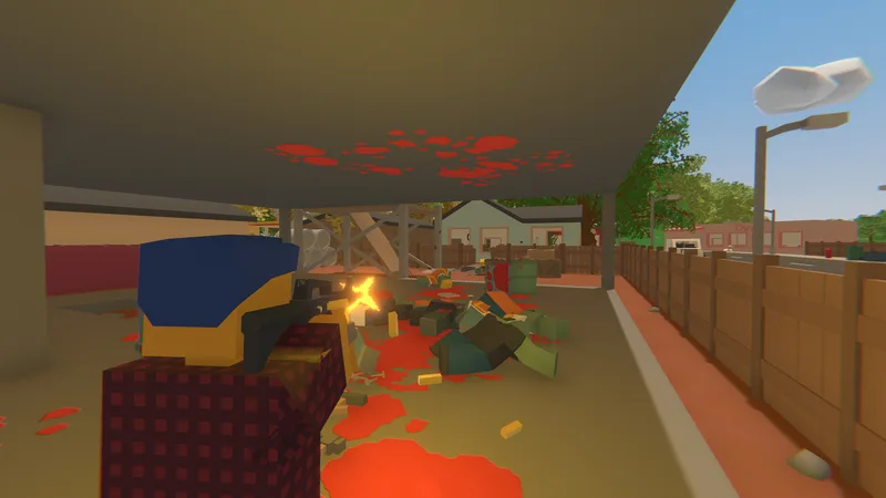 An Unturned character firing at zombies inside a building, from the official Steam gallery
