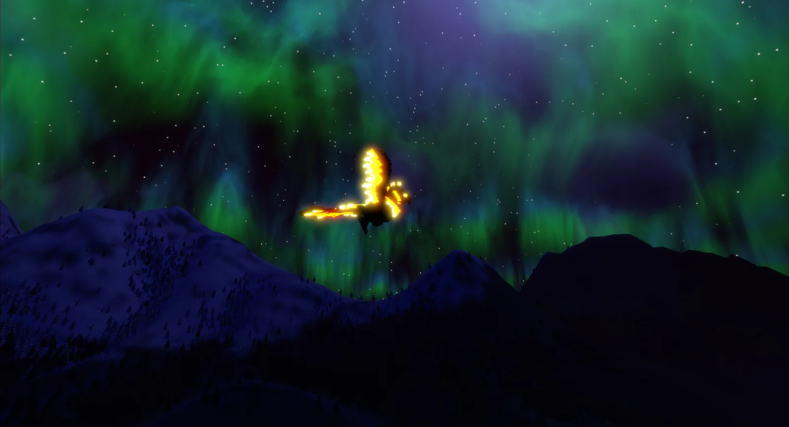 A phoenix flying beneath an aurora in Veloren, an official press-kit screenshot