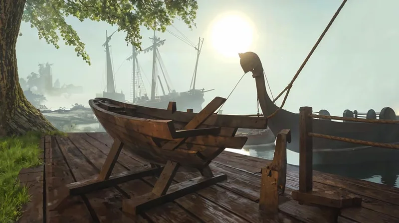 Official Wurm Online artwork of a boat under construction on a wooden jetty