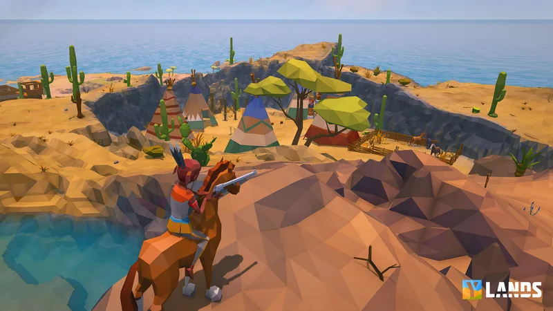 A Ylands character overlooking a sunlit coastal camp, from Bohemia Interactive’s official gallery